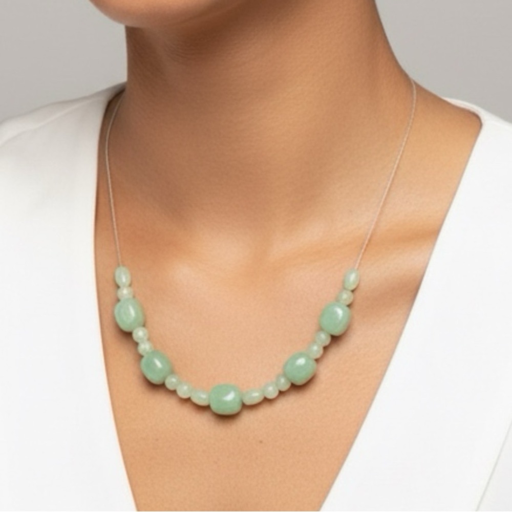 Elegant Emerald Green‎ Beaded Sterling Sliver Necklace Genuine Aventurine 8098